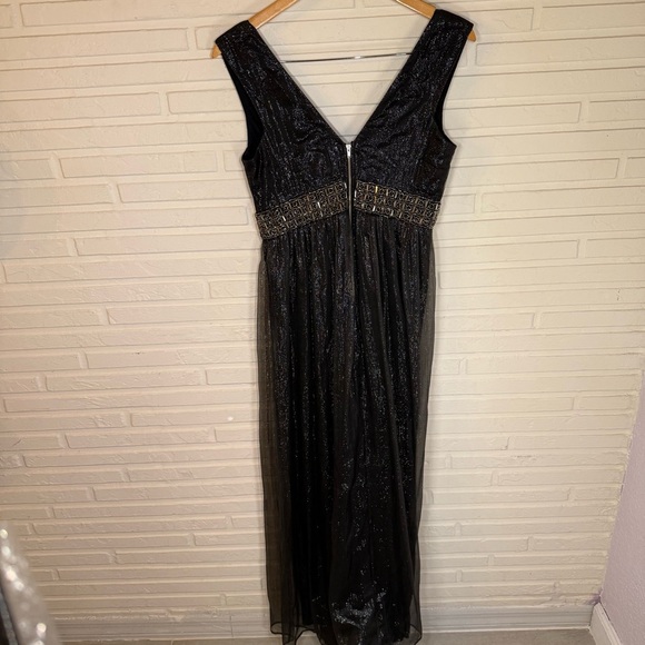 Black Metallic Silver Rhinestone Waist Band Silk Gown, Women’s Size Medium - Picture 6 of 11